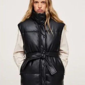 Mango MNG Womens Black Faux Leather Puffer Vest with Belt